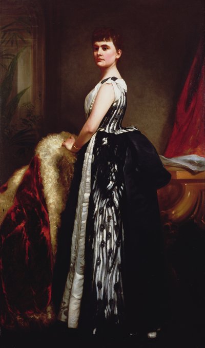 Portrait of a young woman wearing a striped dress and standing in an interior by James Sant